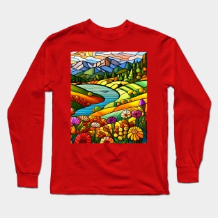 Stained Glass Colorful Mountain Flowers Long Sleeve T-Shirt